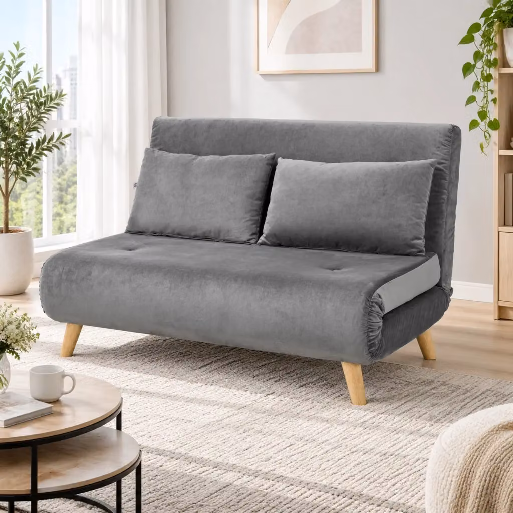 Poltrona letto 2 in 1 MIVRAY in poliestere grigio effetto velluto con schienale regolabile in 6 posizioni e struttura in metallo e legno – 2