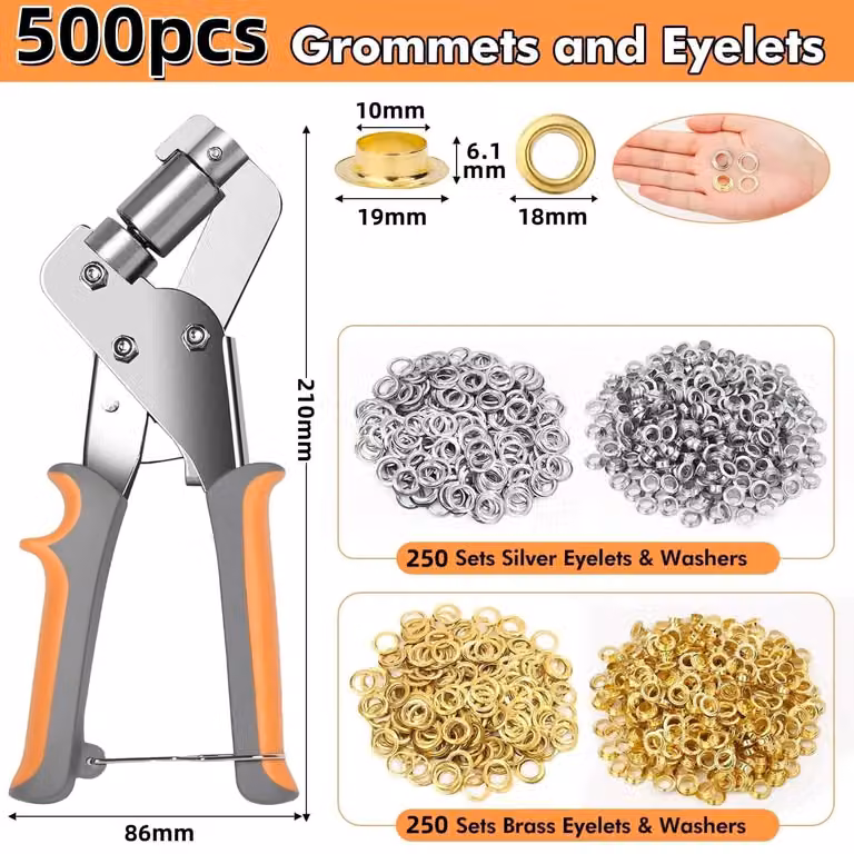 Set di strumenti per occhielli - 500 pezzi - Pinza per occhielli - Punzone manuale in metallo - Adatto per tende da sole, teloni, tessuti e pelle