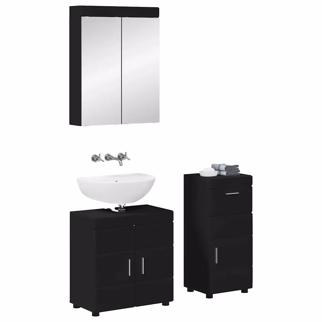 Set di mobili per il bagno moderno vidaXL composto da mobile lavabo, armadietto con specchio e pensile, colore nero e argento, L: 60 cm, P: 34 cm, H: 63 cm – 2