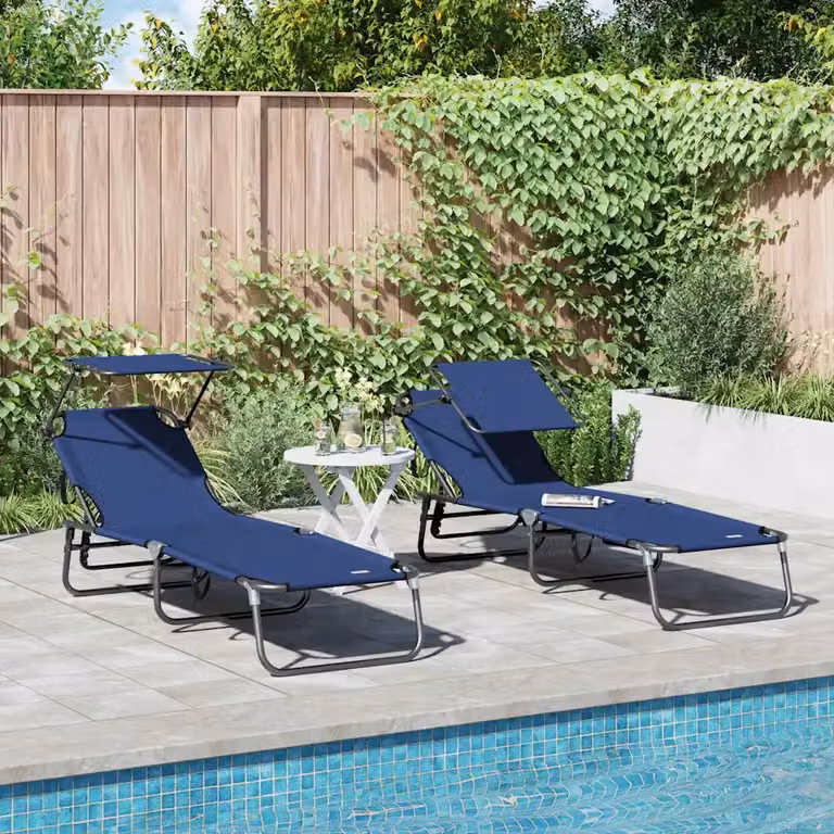 Set di 2 lettini prendisole pieghevoli vidaXL in blu con parasole e poggiatesta regolabile