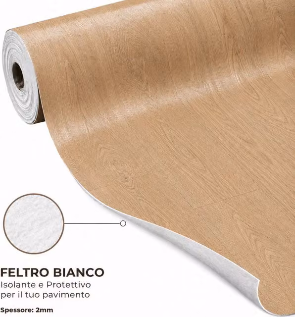 Pavimento Vinilico a Rotolo SOLEILUX Effetto Legno Frassino Dorato e Beige con Feltro Fonoassorbente, L: 200 cm, P: 1500 cm, Spessore: 2 mm