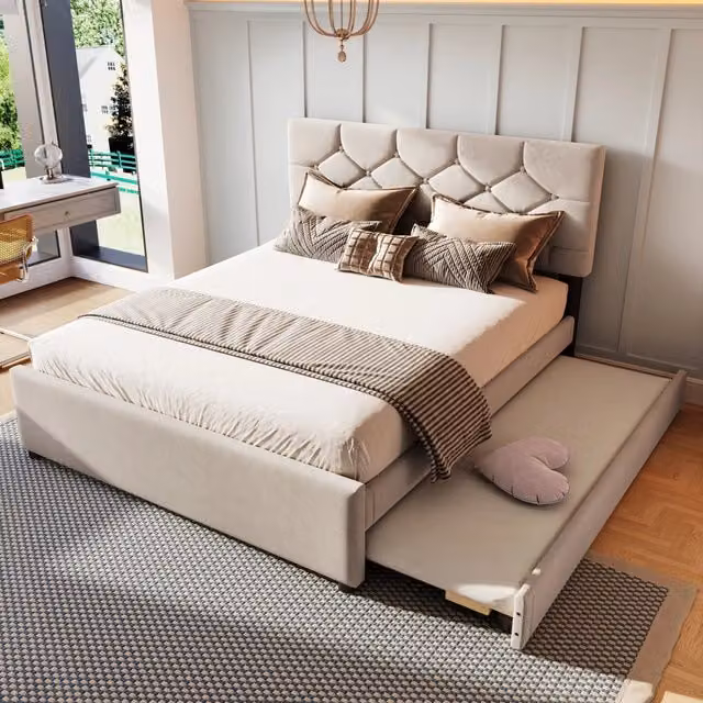 Letto estraibile 200×140 cm 2 posti con letto supplementare 190×90 cm, senza materasso, in velluto beige