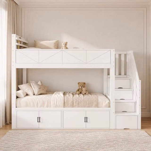Letto a castello REDOM per bambini in legno e MDF bianco con scala contenitore L/P/H: 200 x 90 x 154 cm