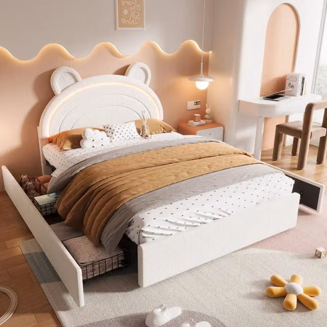 Letto imbottito per bambini 140 x 200 cm in velluto beige; testiera orso; 4 cassetti e LED per cameretta