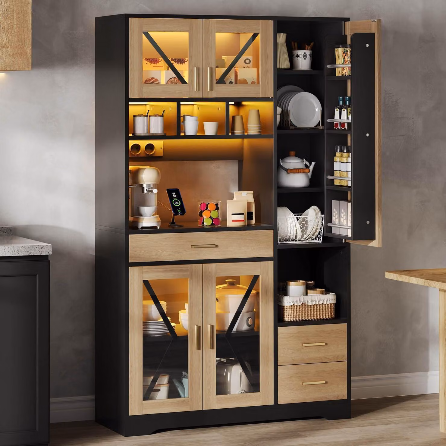 Armadio alto da cucina con illuminazione a LED e prese, mobile contenitore con porta in vetro, stile rustico, 185x40x105 cm, colore naturale