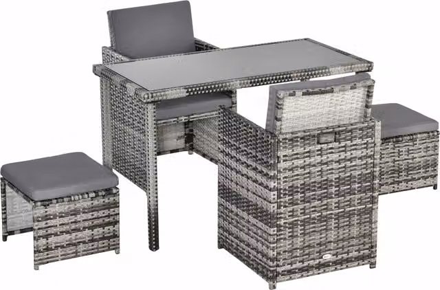 Set da giardino Outsunny composto da 11 pezzi con tavolo rettangolare in vetro, sedie, pouf e cuscini in rattan PE e metallo, colore grigio
