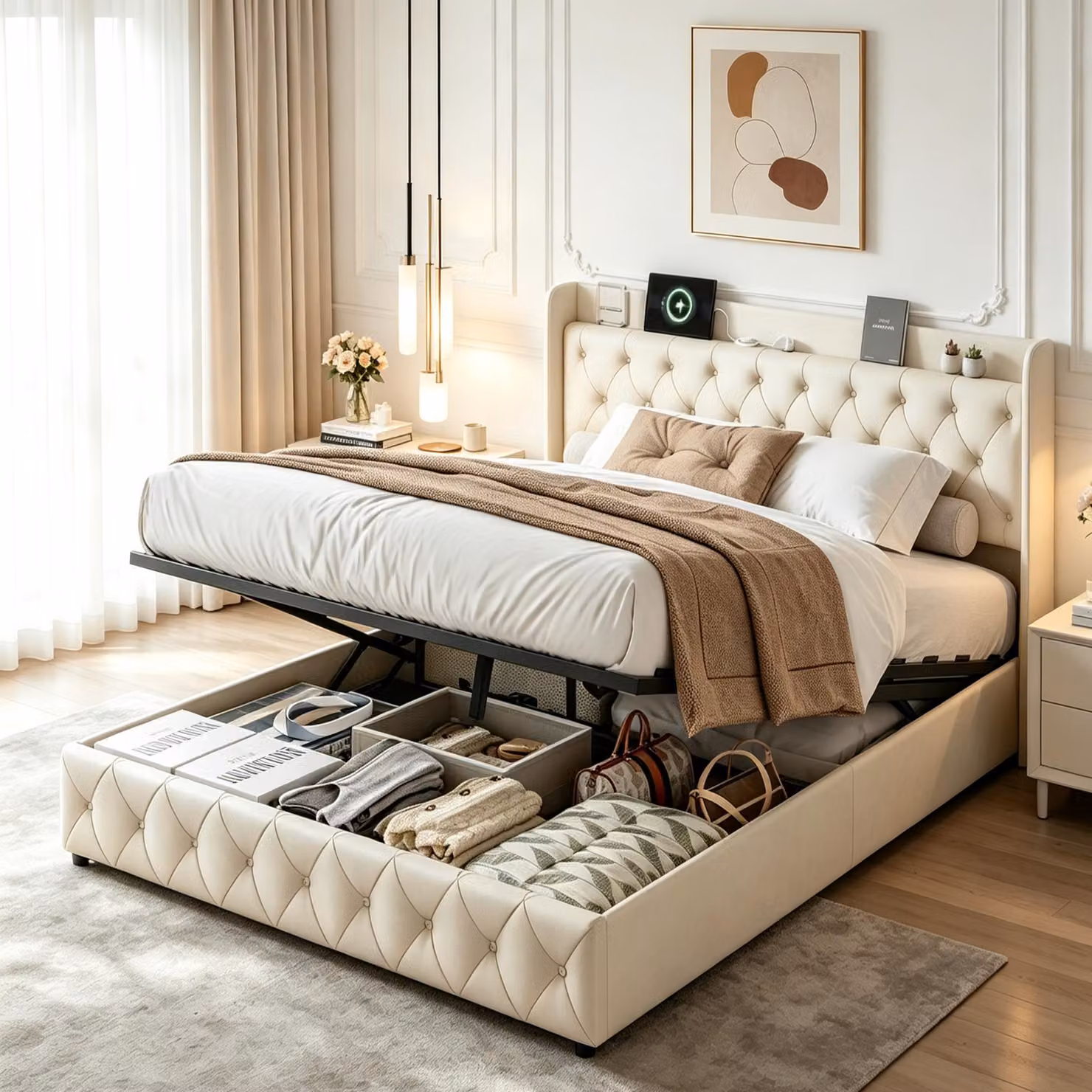 Letto imbottito INONEFT, 160x200 cm, con struttura a molle e spazio contenitore, letto per ragazzi con LED e porta USB-C, letto matrimoniale con rete a doghe, struttura in velluto, color beige