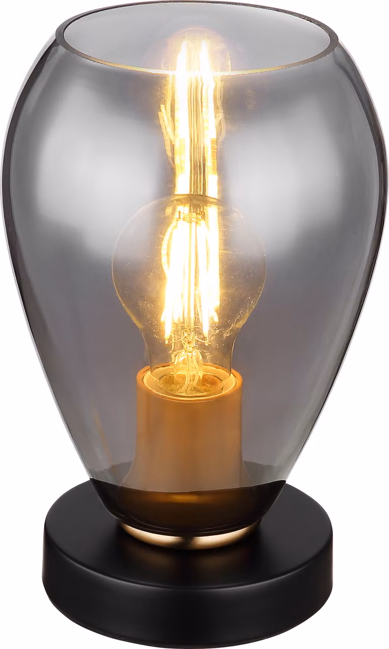 Lampada da tavolo Globo Lighting, struttura in metallo nero opaco, dettagli in metallo ottone opaco, paralume in vetro fumé, cavo in PVC nero, interruttore a levetta sul cavo, diametro: 150 mm, altezza: 235 mm, lunghezza del cavo: 1500 mm, esclusa lampadi
