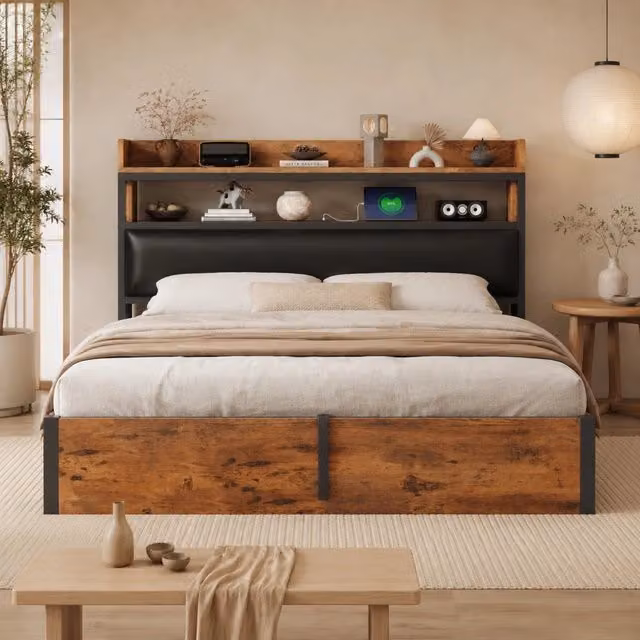 Letto matrimoniale 180x200 con contenitore idraulico, testiera imbottita, USB, design vintage in legno e metallo, colore nero