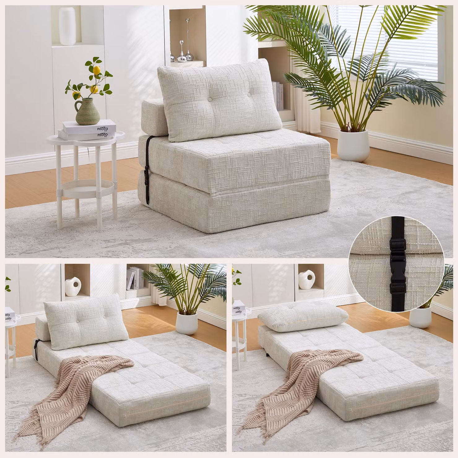 Divano letto pieghevole STILVORA, con cuscino lombare, divano a pavimento in tessuto chenille, portatile, divano letto per soggiorno o camera da letto, color beige