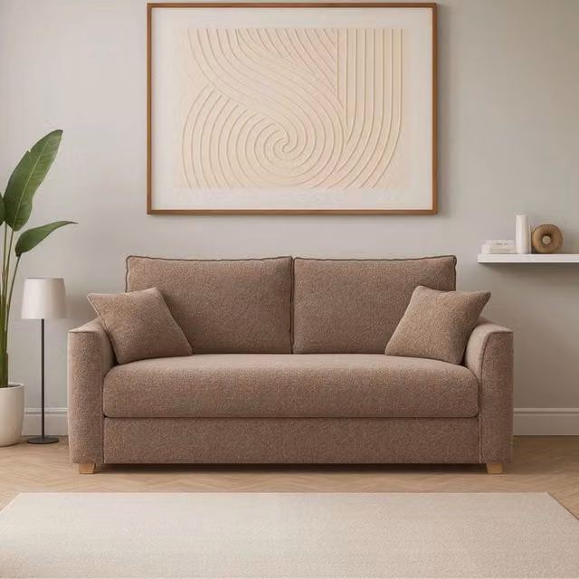 Divano letto Cosy con contenitore in tessuto Barrel 19 color taupe con funzione letto e misure 150x200 cm – 1
