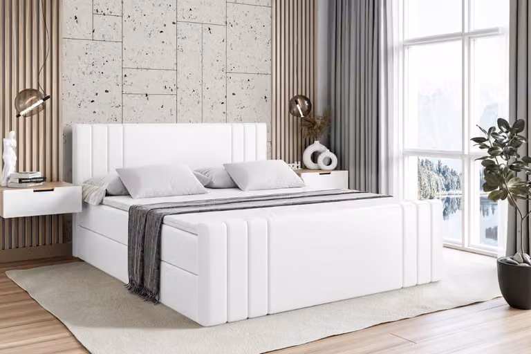 Letto boxspring ALTDECOR con pediera, materasso H3 e topper - 160x200 cm - IDRIKO-Z - Pelle finta bianca - Letto imbottito con contenitore e rete a doghe, letto con spazio contenitivo