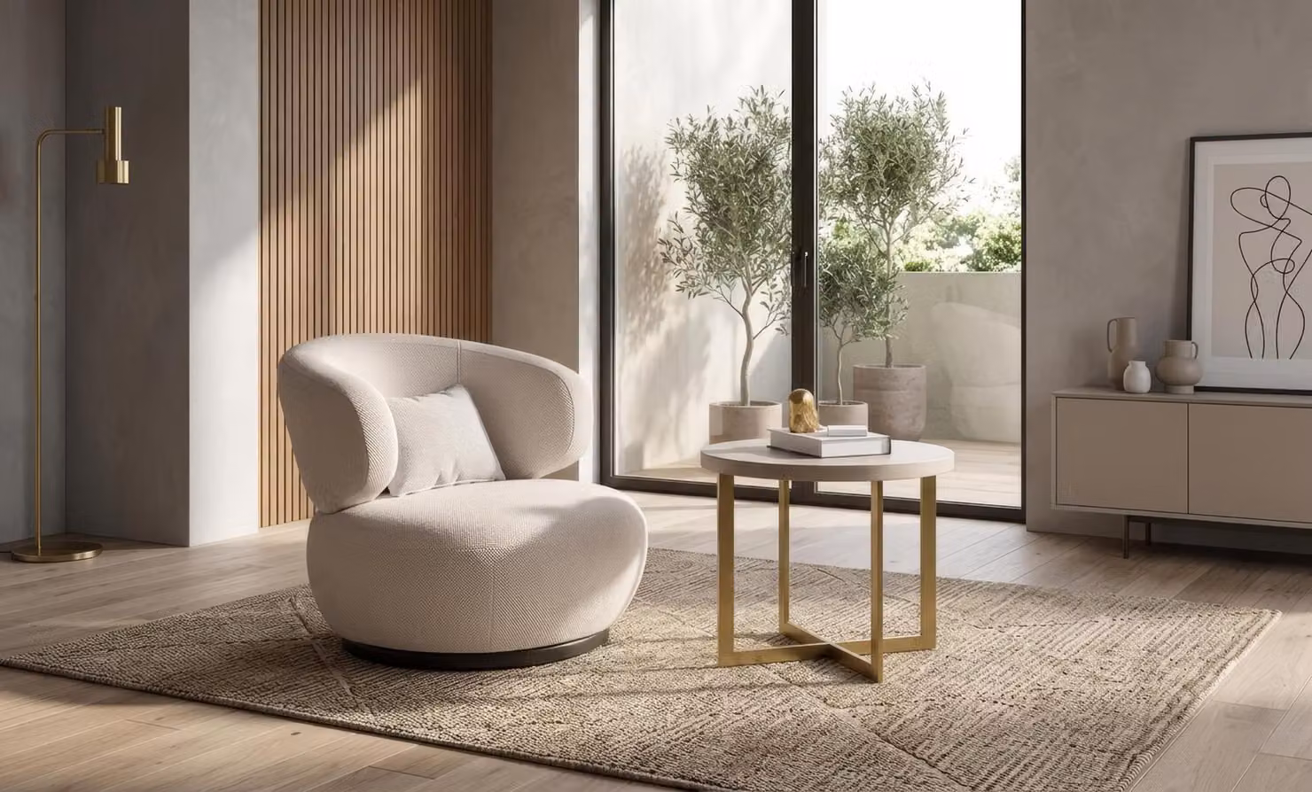 Set di poltrone e tavolino laterale, design moderno, bianco, elegante, lussuoso, completo di stile