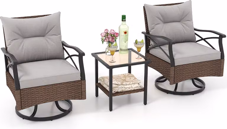 Set di mobili da giardino in rattan COSTWAY, salottino composto da 2 sedie a dondolo girevoli, cuscini e tavolo, set da balcone, mobili da terrazza, set da giardino
