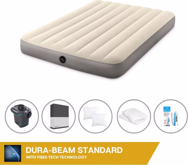 Letto gonfiabile Intex - 2 persone - 137 x 191 x 25 cm - Beige + pompa elettrica Intex - 650 litri/min + lenzuolo nero + cuscino + federe Molton 2 in 1 + set di riparazione