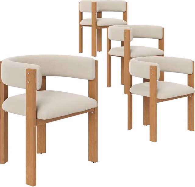 Set di 4 Sedie da Pranzo Ergonomiche con Imbottitura Spessa, Gambe in Ferro con Effetto Legno, 47x48x72,5 cm, Colore Naturale