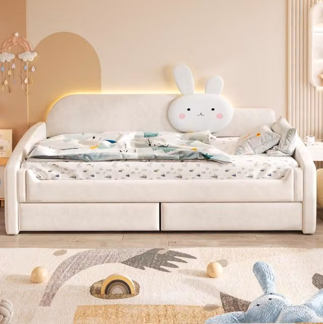 Letto imbottito 90x200 cm con cassetti e LED in velluto beige
