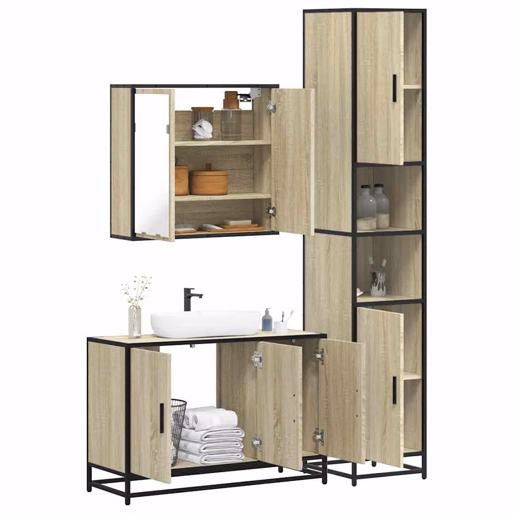 Set di mobili da bagno vidaXL 3 pezzi in stile industrial color marrone con legno, metallo e vetro, comprensivo di mobile lavabo, armadietto specchio e colonna alta, montaggio a parete