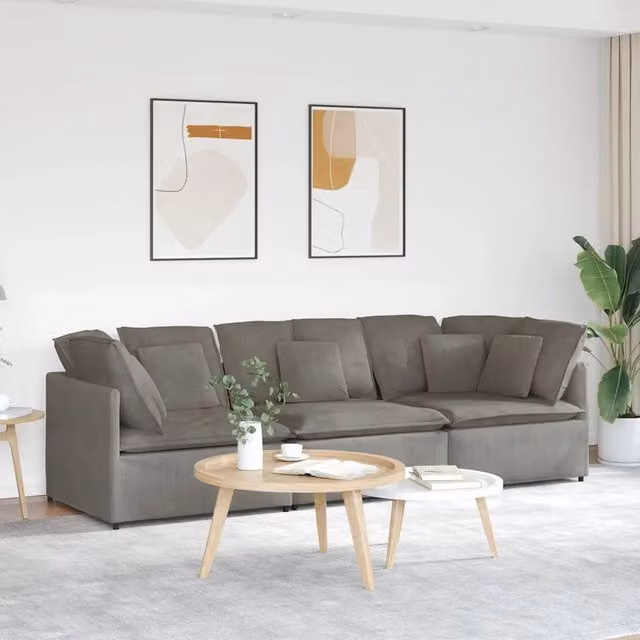 Divano Modulare con Cuscini in Tessuto a Coste Grigio Chiaro 3321287