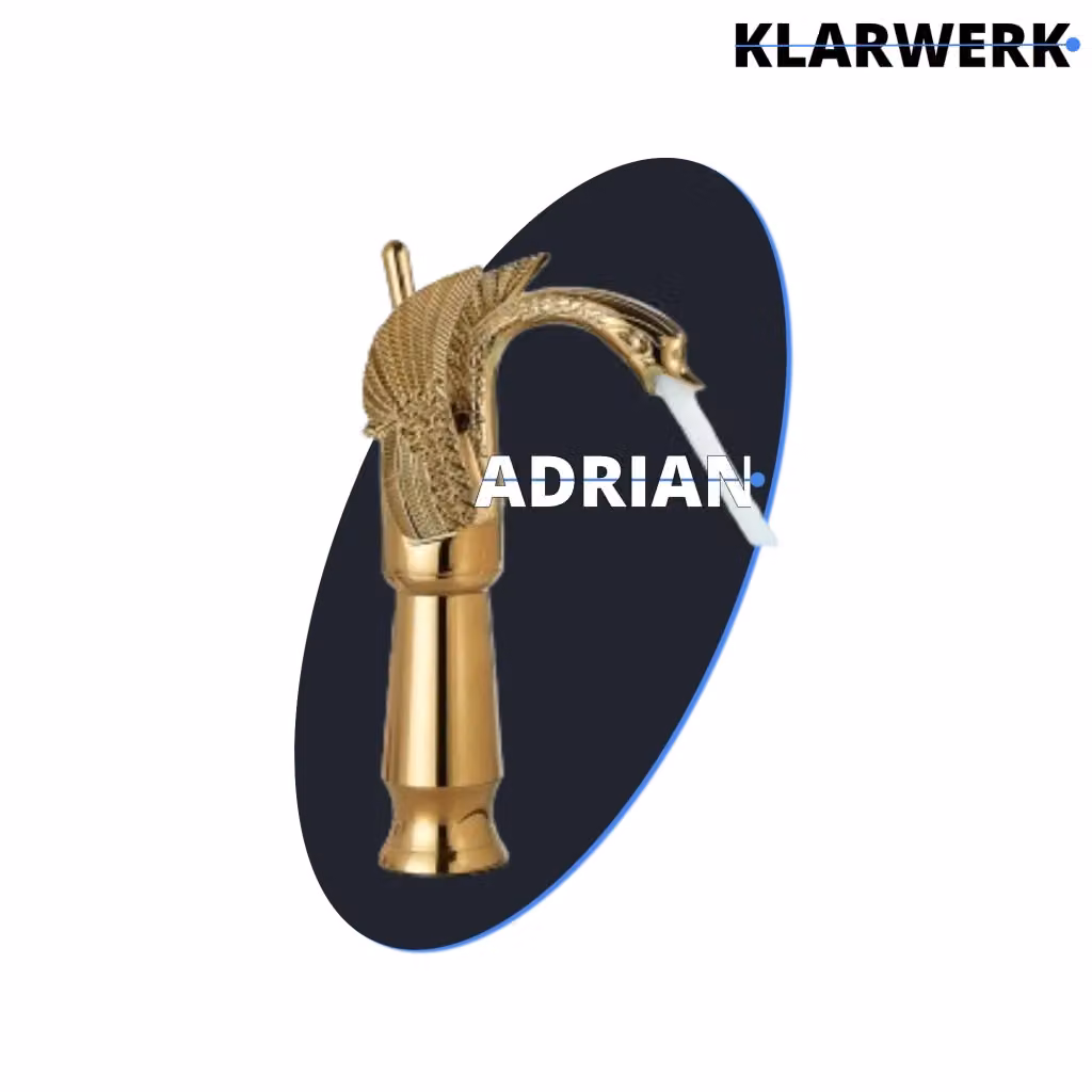 Rubinetto da bagno alto Klarwerk ADRIAN in acciaio inossidabile dorato con design a cigno e leva singola per lavabo – 2
