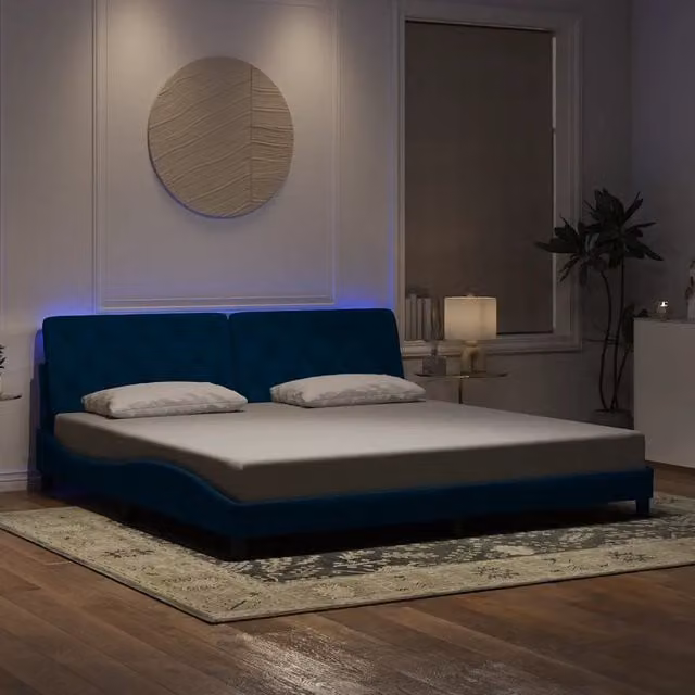 Letto con giroletto in velluto blu con illuminazione LED e porta USB vidaXL L/P/H: 200 x 200 x 35 cm
