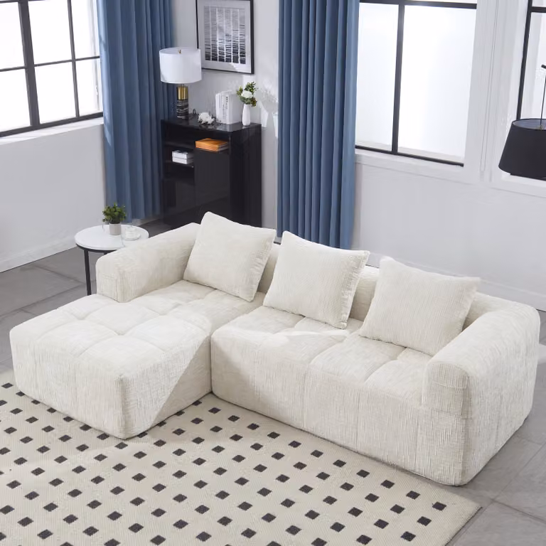 MODFU L-Sofa, divano modulare, divano moderno, divano ad angolo, divano in velluto con braccioli e tre cuscini, divano da soggiorno, tasca laterale per il telecomando, color beige
