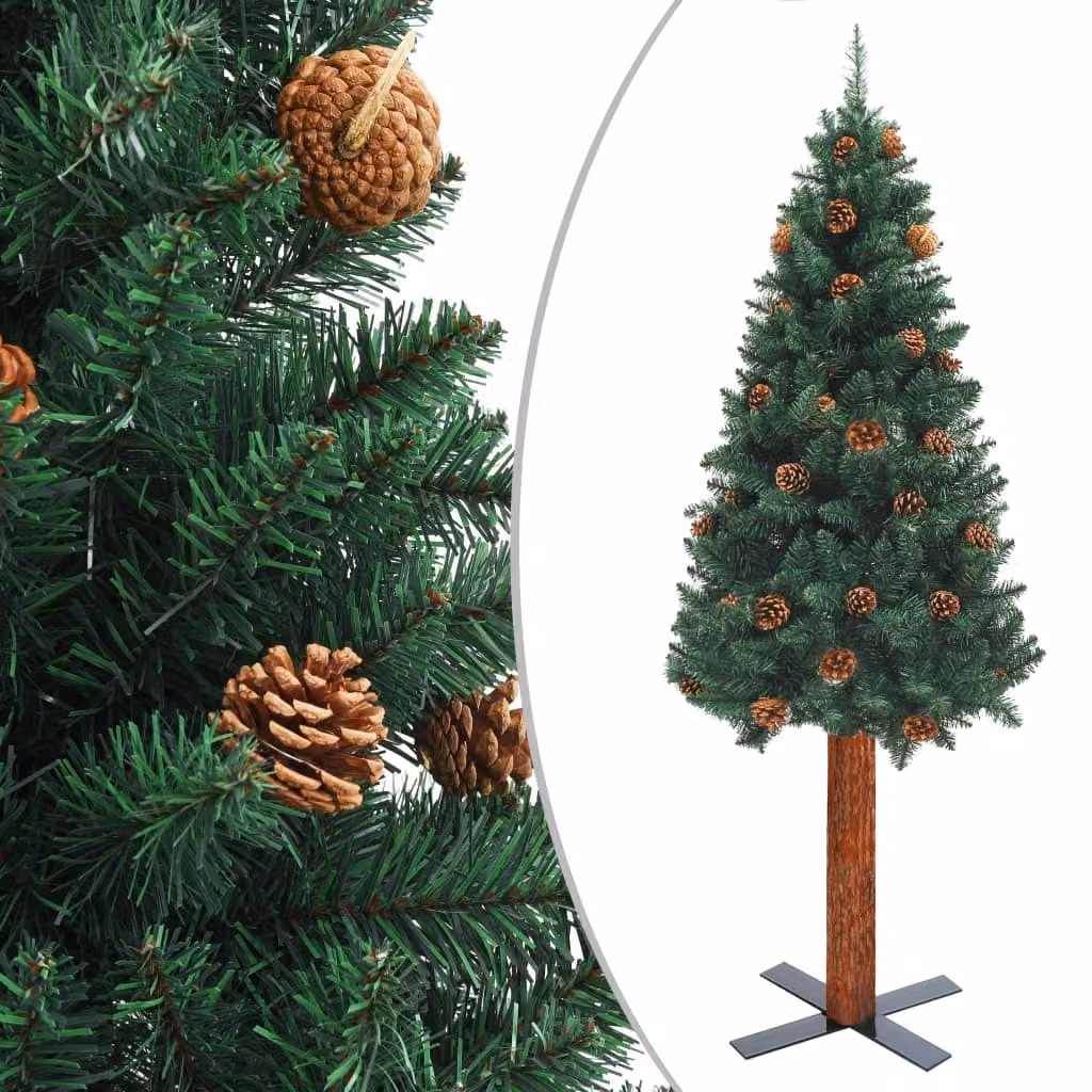 The Living Store Albero di Natale sottile con legno vero e pigne verde 210 cm PVC