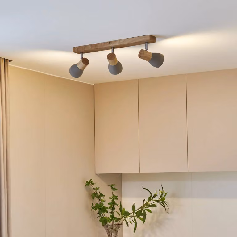 Faretto Lindby Filiz a 3 luci, lunghezza 47 cm, legno, cemento, E14 Lindby, dimmerabile, Alluminio / Grigio / Zincato, Camera da letto, calcestruzzo / cemento, Scandinavo, Faretto