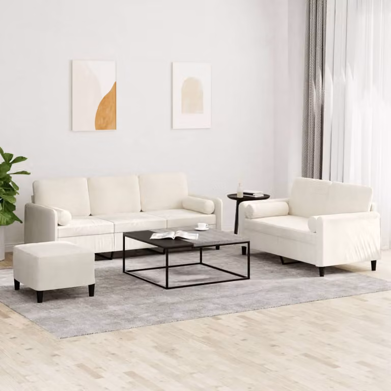 Set di divani vidaXL in velluto beige composto da divano a 3 posti, divano a 2 posti e pouf con cuscini inclusi