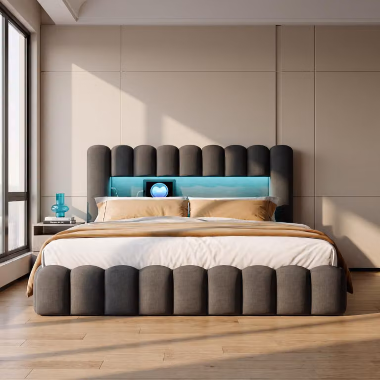 Letto imbottito INONEFT 140x200, letto matrimoniale modello "bubble" con LED e funzione di ricarica USB, testiera, letto con box e meccanismo a sollevamento idraulico, tessuto in lino, colore grigio