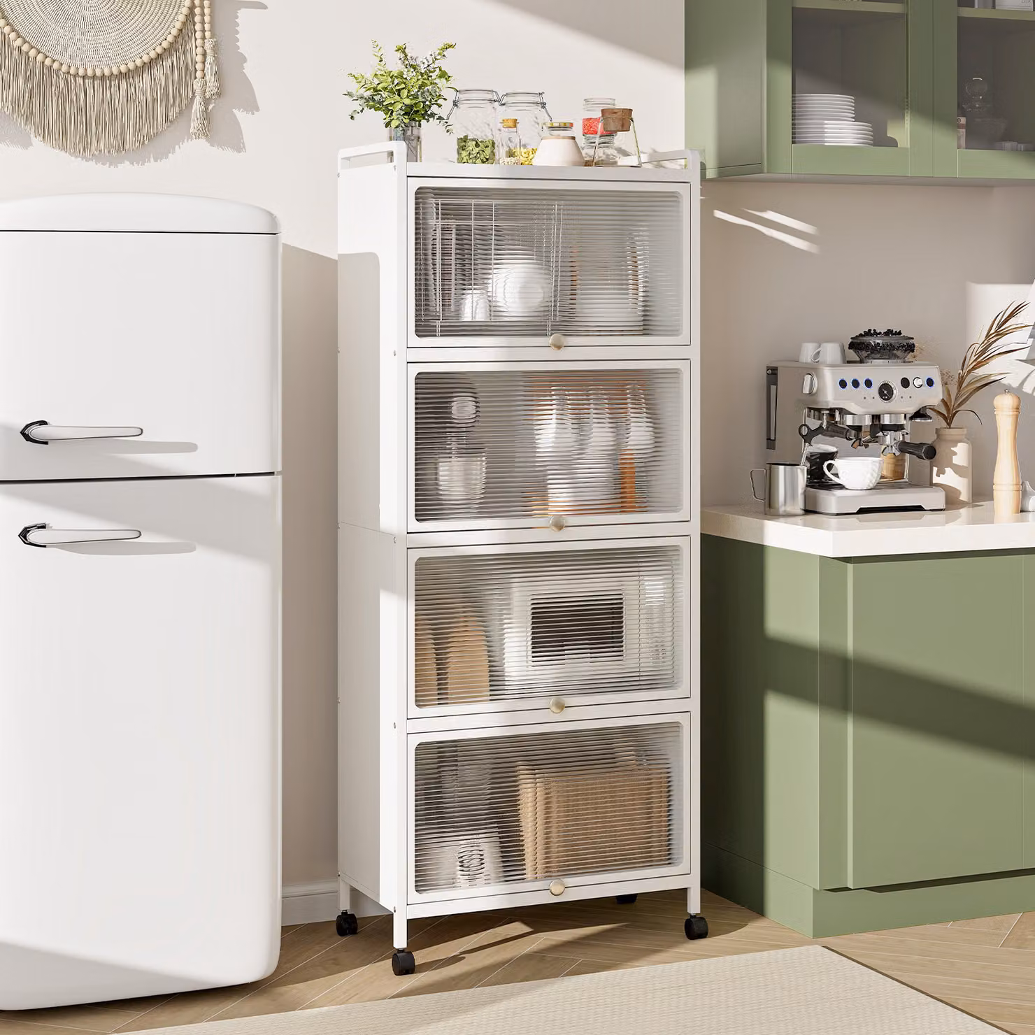 Mobile contenitore a 5 ripiani con ante, credenza con rotelle, sistema anti-ribaltamento e chiusura magnetica, cassettiera per soggiorno e ufficio (bianco)