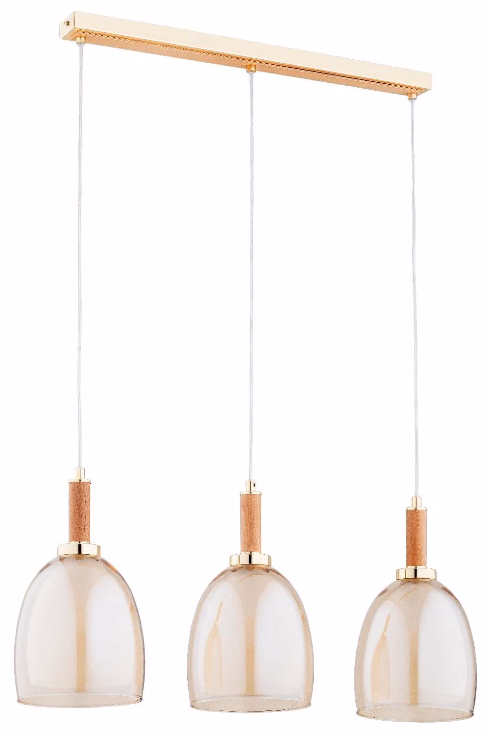 Lampada a sospensione LISSY oro-legno chiaro-ambra 3xE27x15W vetro dim.: 95x17x75 cm IP20 Alfa