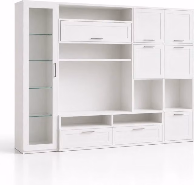 Parete Attrezzata Arreditaly per Soggiorno con Vetrina, 6 Ante Battenti e 3 Ribalte, Mobile Porta TV Moderno Bianco, L 300 x P 50 x H 215 cm – 1