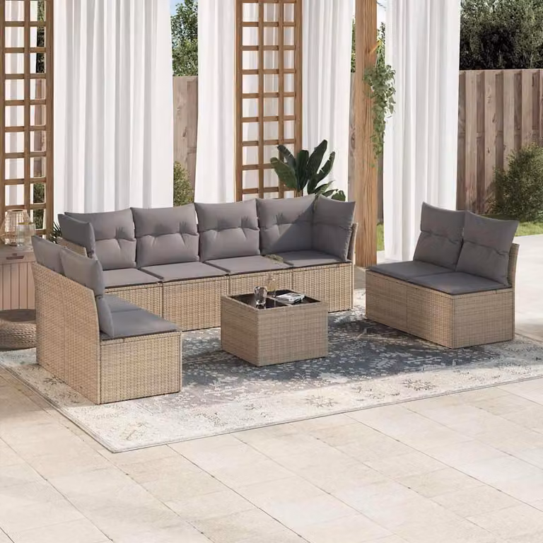 vidaXL Set Divano da Giardino 9 pz a Forma a L con Cuscini Beige e Tavolino da Esterno in Polyrattan e Acciaio