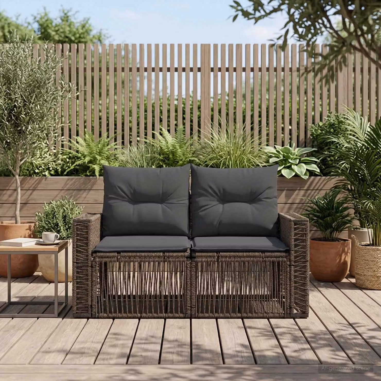 Divano da giardino a 2 posti vidaXL in polyrattan grigio con cuscini inclusi