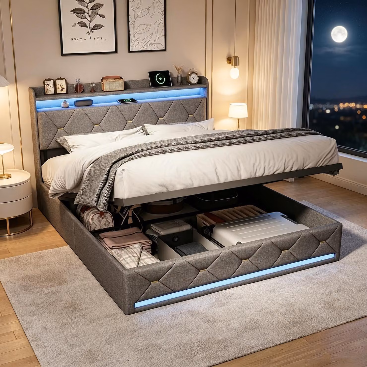 Letto matrimoniale con boxspring, imbottito, 160x200 cm, con LED e USB/C, letto idraulico con spazio contenitore, testiera, struttura letto matrimoniale con rete a doghe, tessuto in lino, colore grigio