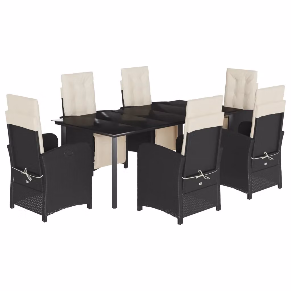 vidaXL Set da Pranzo da Giardino 7 pz in Polyrattan Nero con Cuscini e Tavolo in Vetro – 2