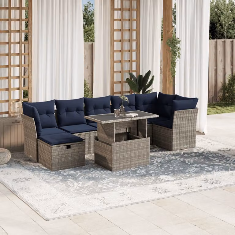Set di divani da giardino vidaXL in polyrattan con cuscini, 8 pezzi, colore grigio e blu