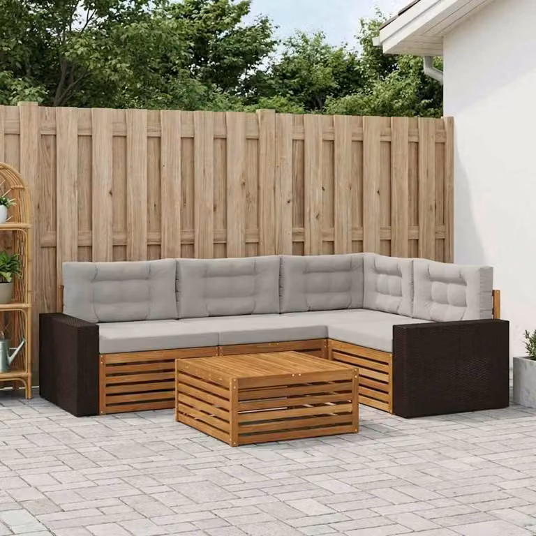 vidaXL Set di divani da esterno 5 pz in legno di acacia con cuscini, colore beige e grigio chiaro