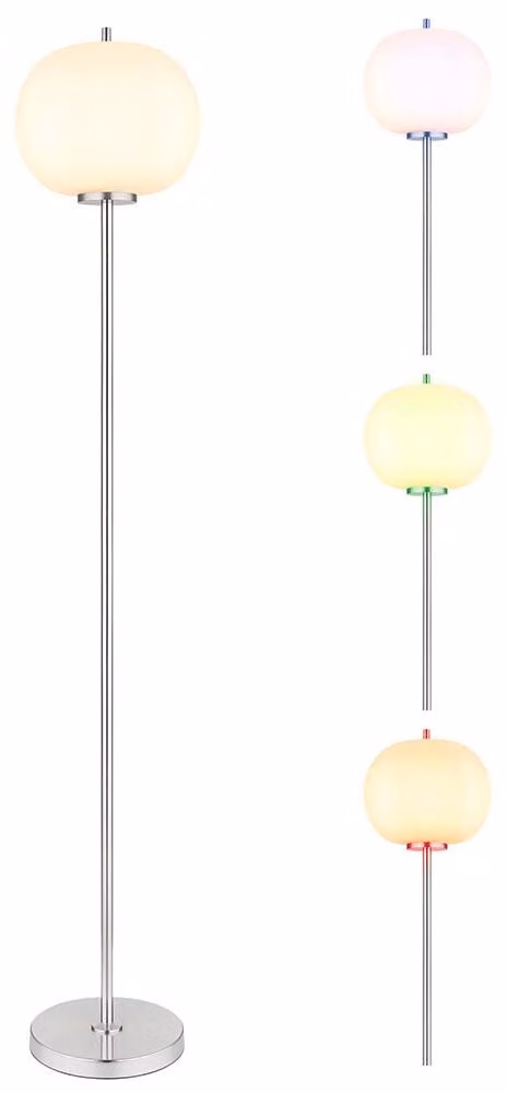 Lampada da terra LED RGB, vetro opalino, metallo nichelato, H 160 cm