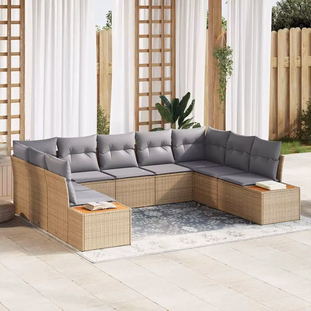 Set Divano da Giardino a L vidaXL per 9 Persone con Cuscini Beige e Grigio in Polyrattan e Metallo – 1