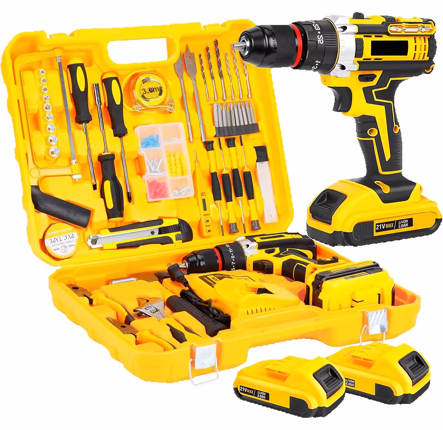 Trapano avvitatore a batteria da 21V - Martello perforatore elettrico - Senza fili - 2 batterie - Attrezzo manuale - Utensile elettrico - Giallo