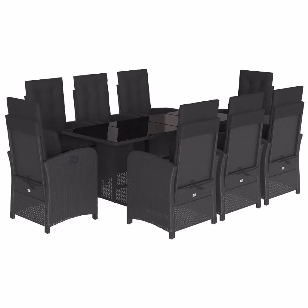 Set da pranzo da giardino vidaXL in polyrattan nero con cuscini e tavolo in vetro, 9 pezzi – 2