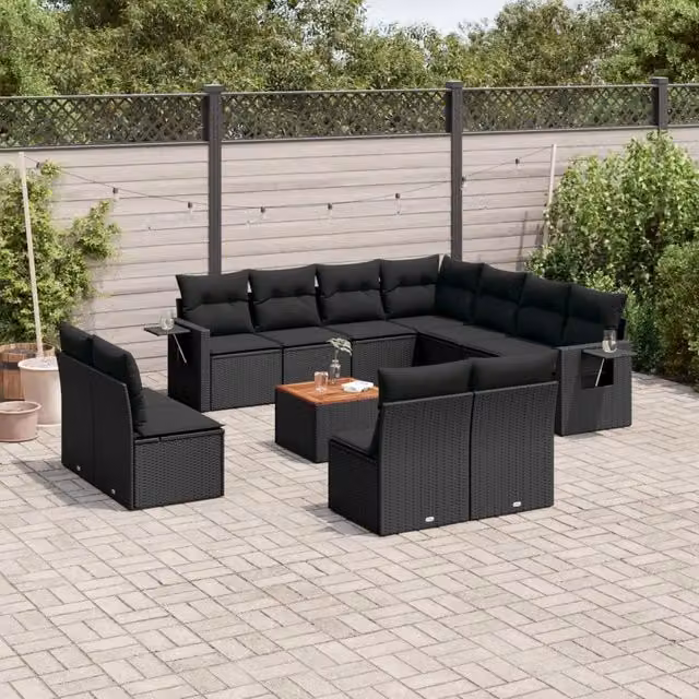 Set di Divani da Giardino VIDAXL in Polyrattan Nero con Cuscini, 12 Posti – 1