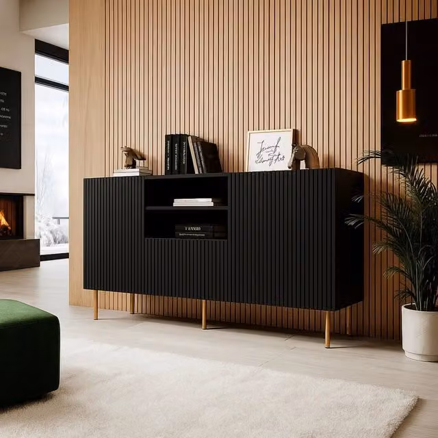 Madia DMORA Stornara moderna in MDF nero e oro con cassetti soft close L: 150 cm, P: 42 cm, H: 82 cm
