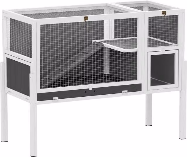 Gabbia per Conigli e Criceti da Interno Giordanoshop in Legno di Abete Grigio con Vassoio Estraibile e Tetto Apribile L/P/H: 120 x 53 x 93 cm