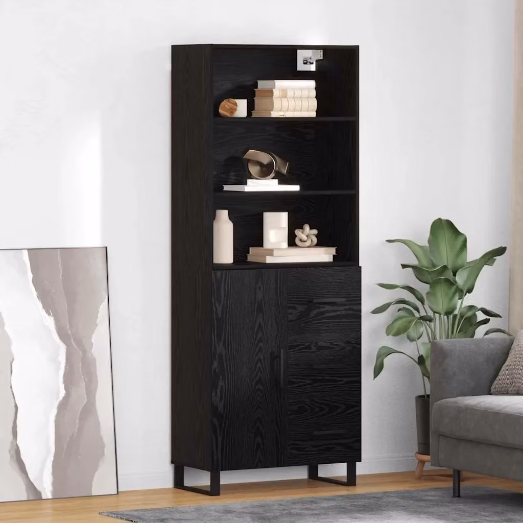 Set di 2 credenze moderne con cassetto in legno multistrato e metallo, finitura rovere e nero lucido, L/P/H: 180 x 32,5 x 69,5 cm – 2