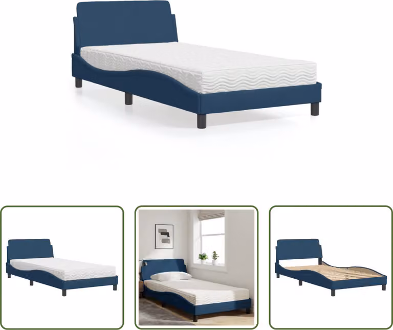 The Living Store Letto con materasso blu 100x200 cm in tessuto