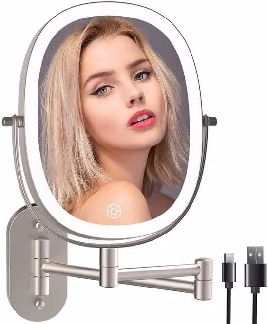 Specchio da trucco con touchscreen, illuminazione a LED, rotazione a 360°, 3 colori, ingrandimento 1x/7x, intensità regolabile