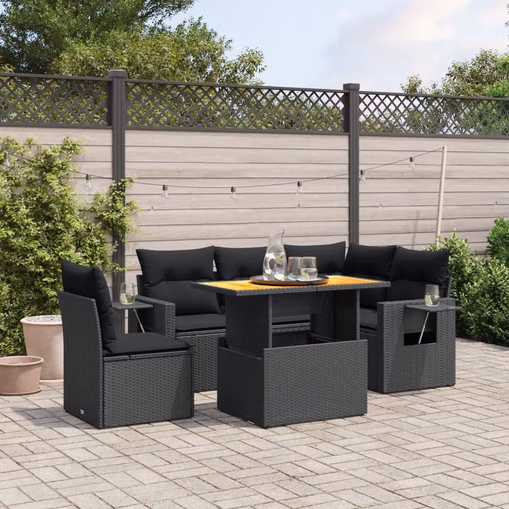 Set Divano da Giardino vidaXL 6 pz a Forma a L in Polyrattan Nero con Cuscini e Tavolino da Esterno – 1